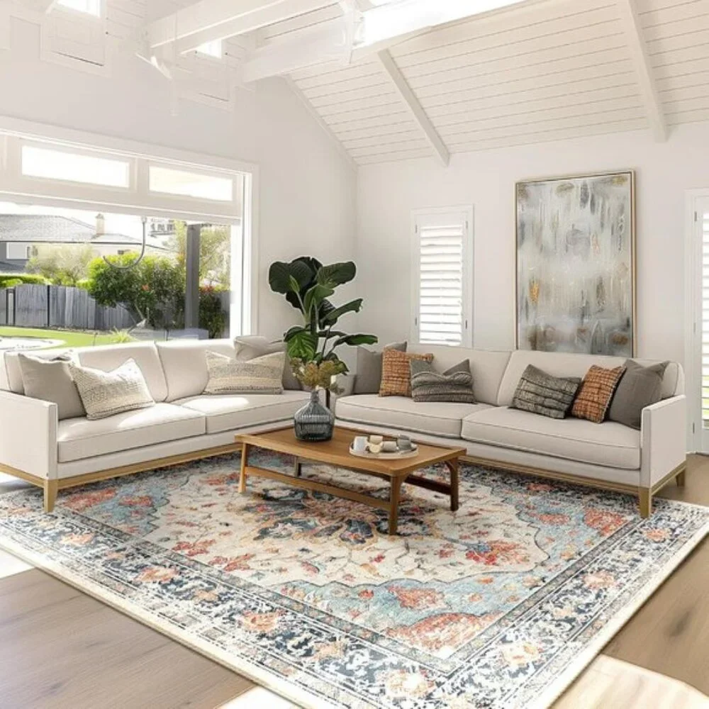 New 5x7 Vintage Floral Rug, Washable Non-Slip Medallion Carpet in Beige & Blue